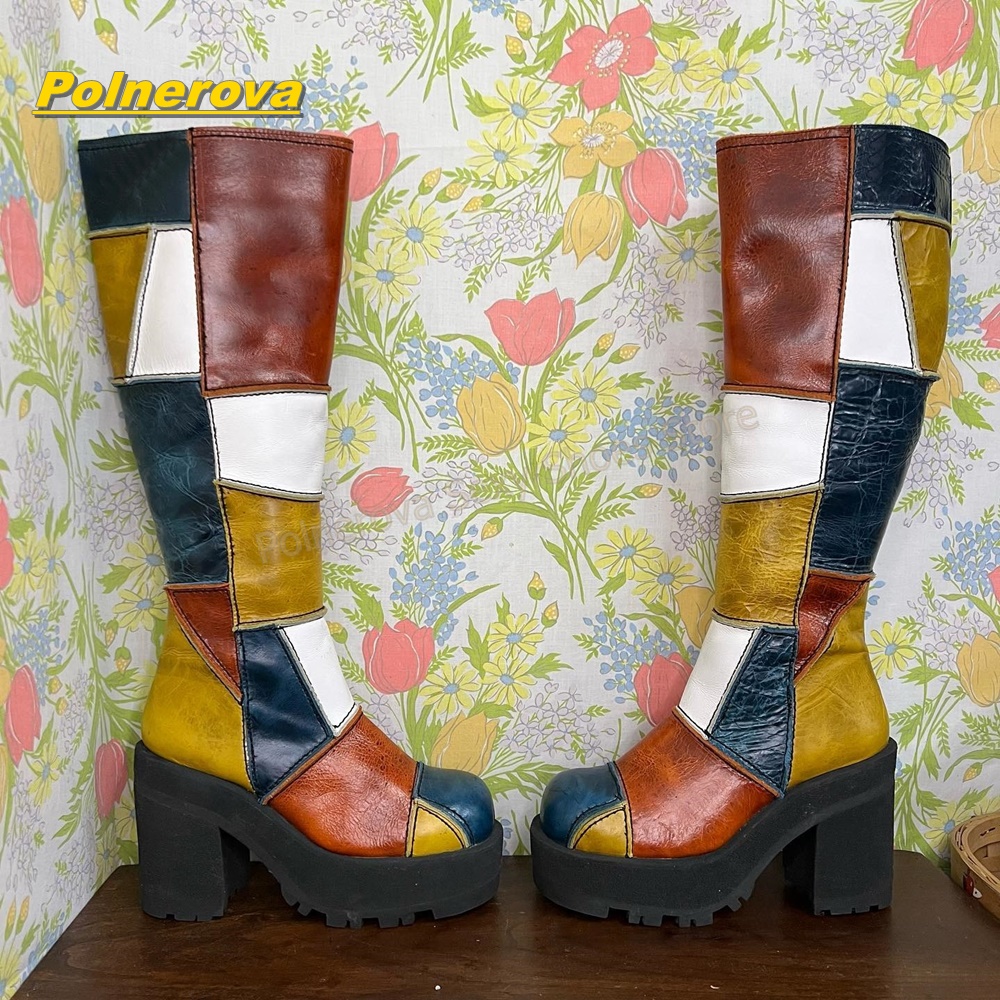 여성 레트로 패치워크 가죽 니하이 부츠 컬러 블록 청키 - Vintage Fashion Y2K 리뷰 및 가격
