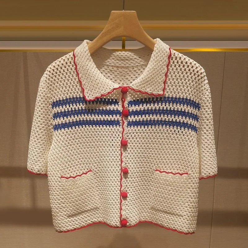 여성 니트 립 블라우스 셔츠 세련된 속이 빈 스트라이프 - Vintage Fashion Korea 리뷰 및 가격