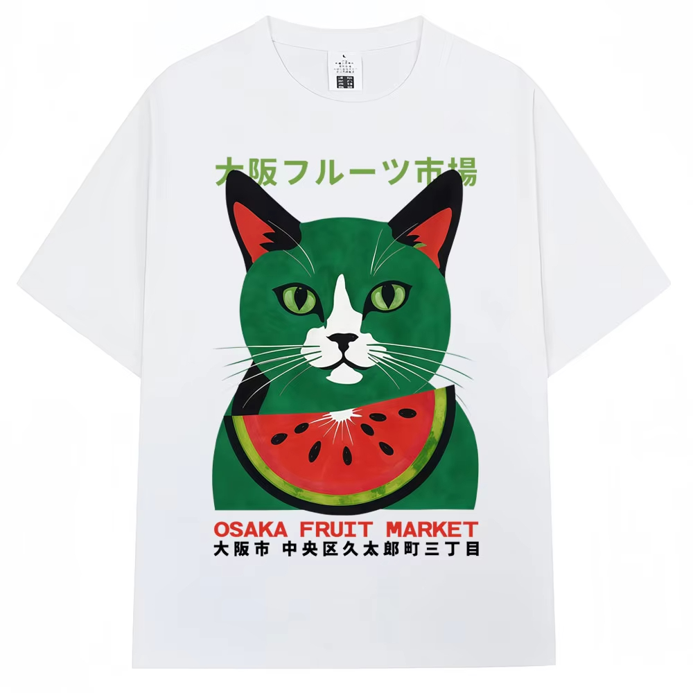 일본 스타일 재미있는 오사카 과일시장 고양이 프린트 티 - Vintage Fashion Market 리뷰 및 가격