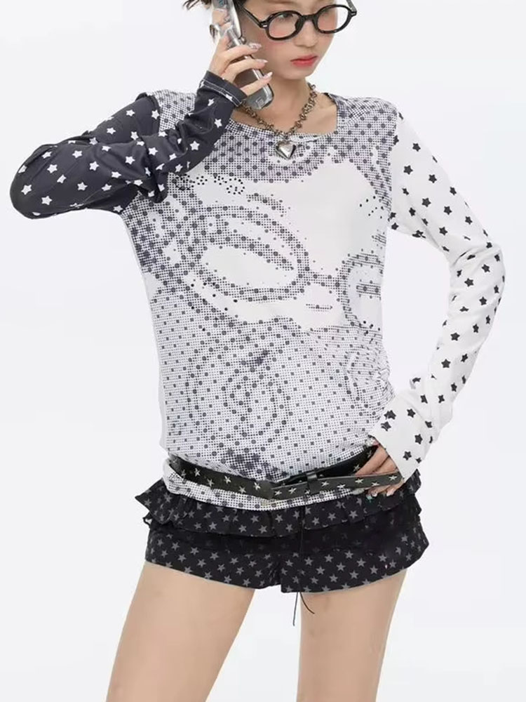 Y2k 스타일 긴팔 티셔츠 여성용 애니메이션 도트 프린 - Vintage Fashion Y2K 리뷰 및 가격