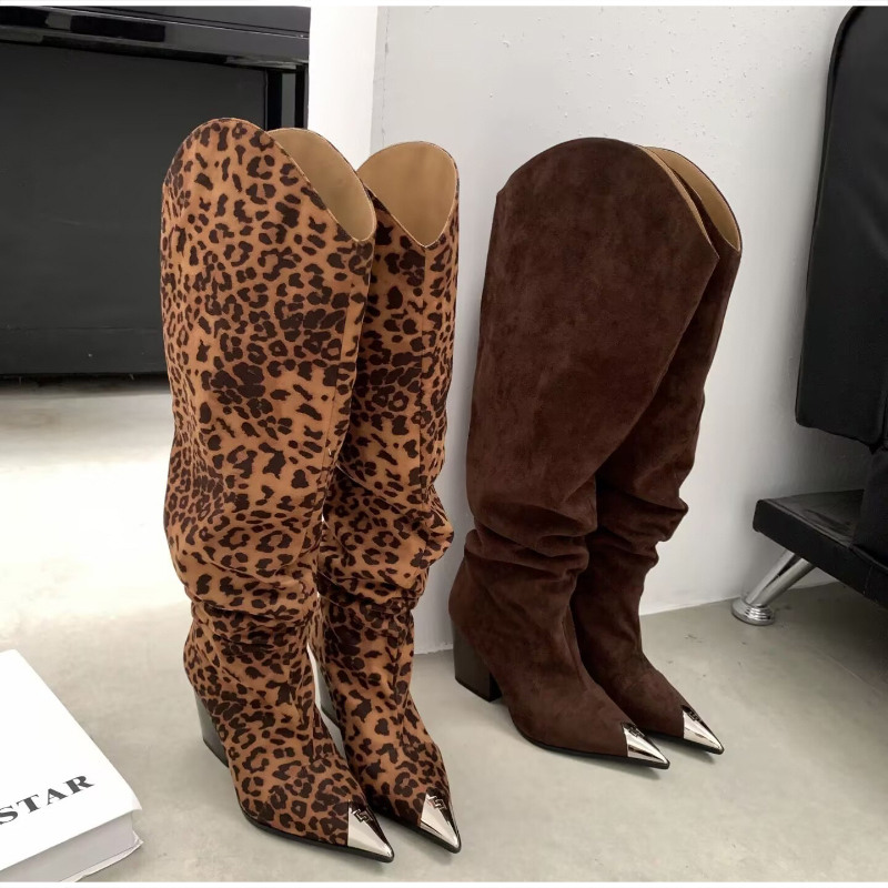 레오파드 무늬 빈티지 플리츠 부츠, 뾰족한 앞코 디자인 - Vintage Fashion Y2K 리뷰 및 가격