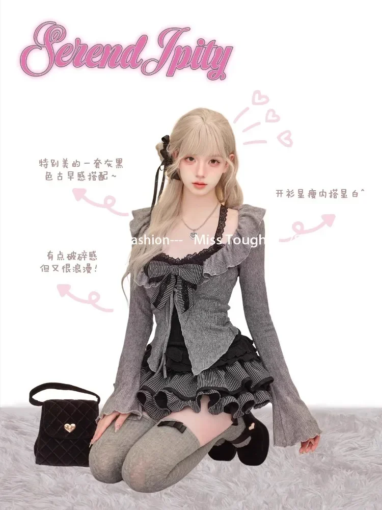 여성용 스위트 로리타 빈티지 수트, 러플 가디건 + 섹 - Vintage Fashion Knitwear 리뷰 및 가격
